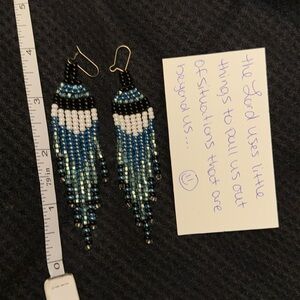 Native Style Green multi color Glass Seed Beaded Earrings 1pr Hand Made Dangle